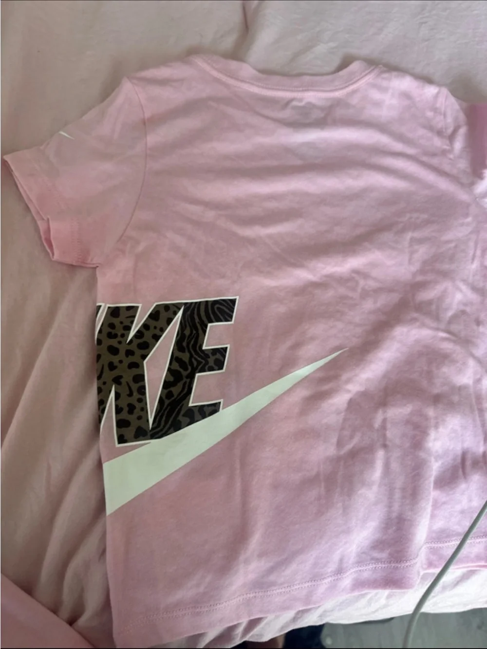 Nike Pink Tee with White Swoosh and Leopard Print Detail